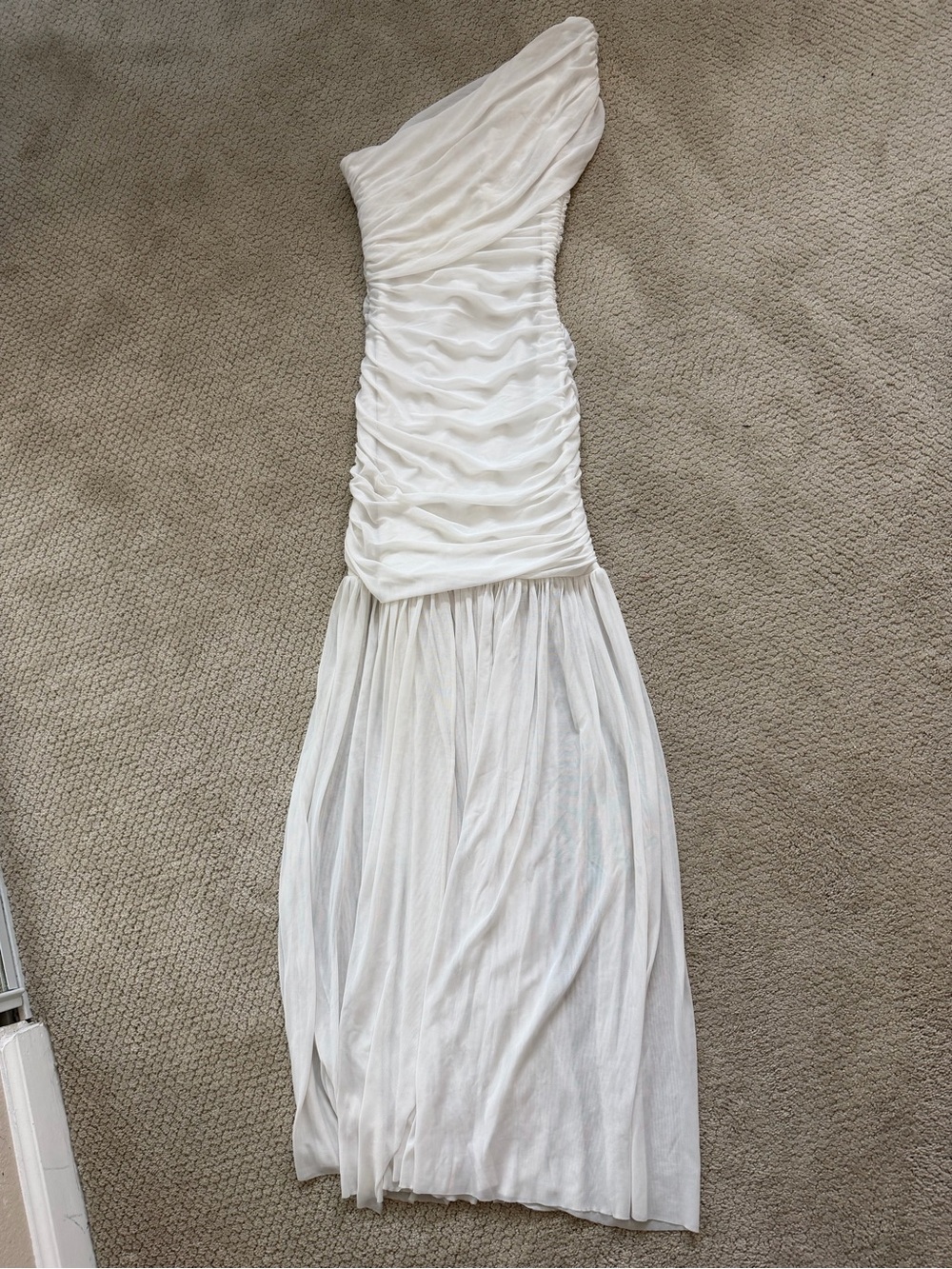 Elegant One-Shoulder White Ruched Maxi Dress